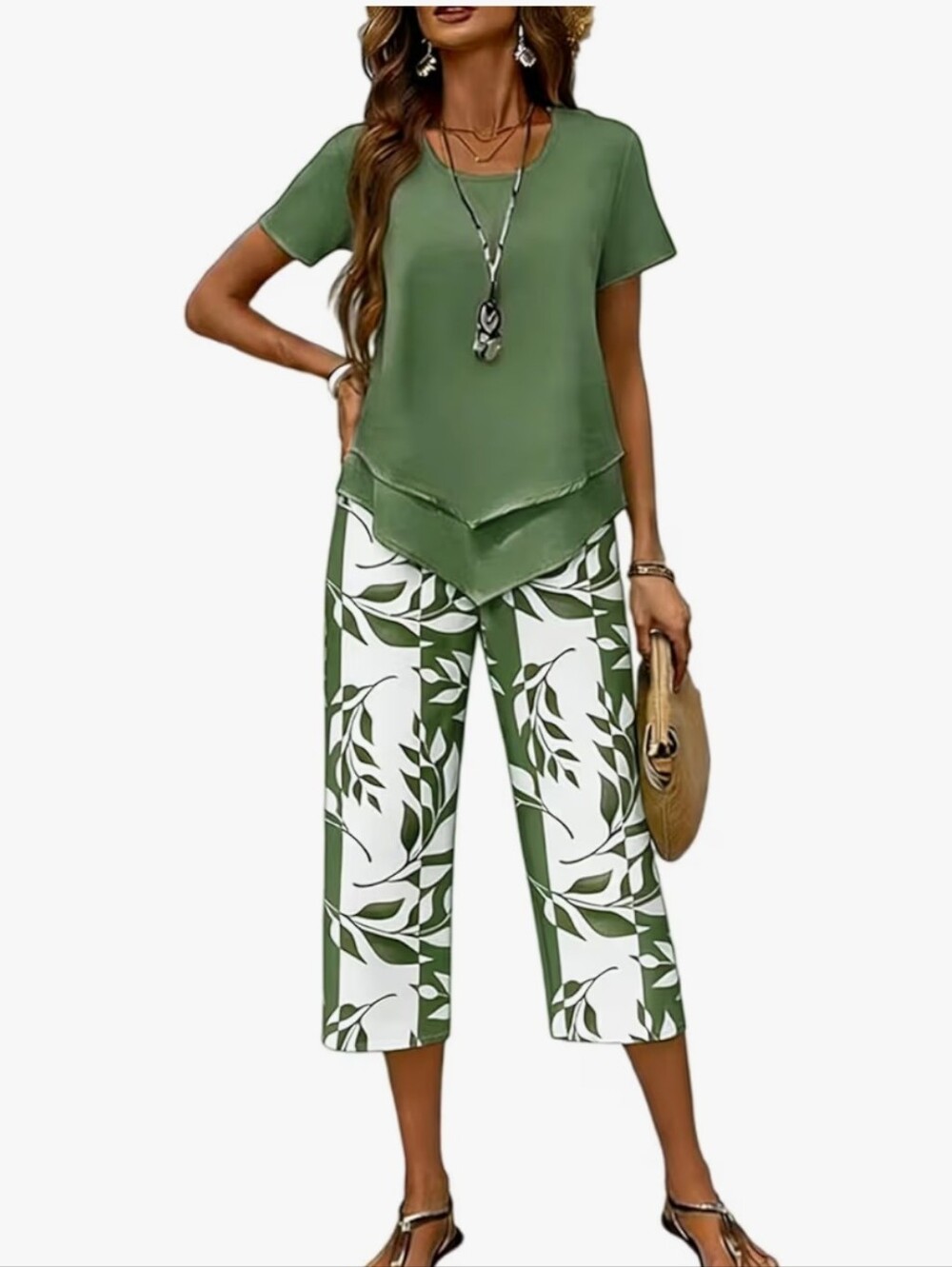 Women’s Green Two-Piece Lounge Set - Printed Wide Leg Pants#83